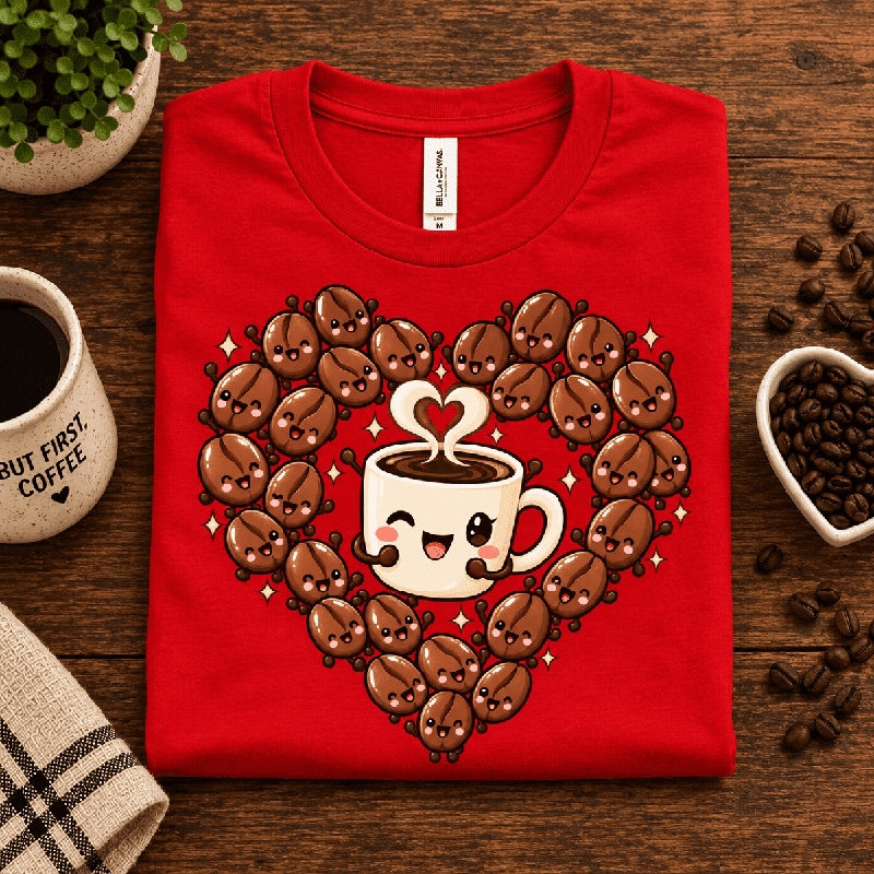 Coffee Beans Premium T-Shirt in red, folded close-up styled with coffee beans and a mug