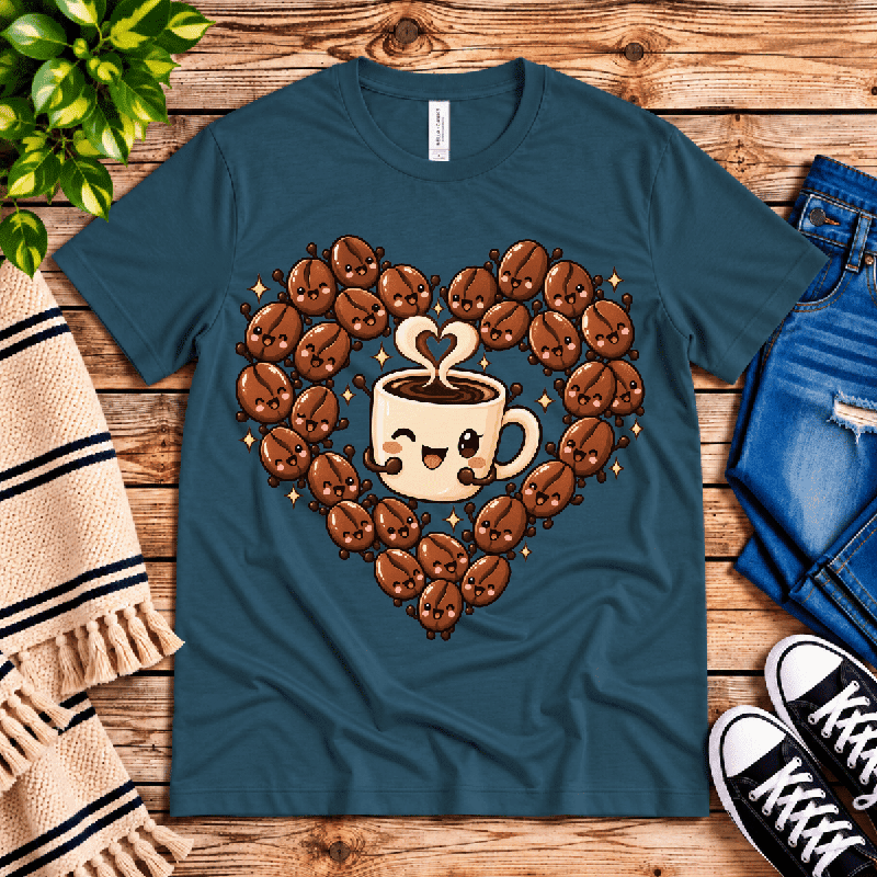 Coffee Beans Premium T-Shirt in deep teal, flat lay with neck tag showing