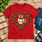 Coffee Beans Premium T-Shirt in red, flat lay with heart-shaped coffee bean and winking mug graphic