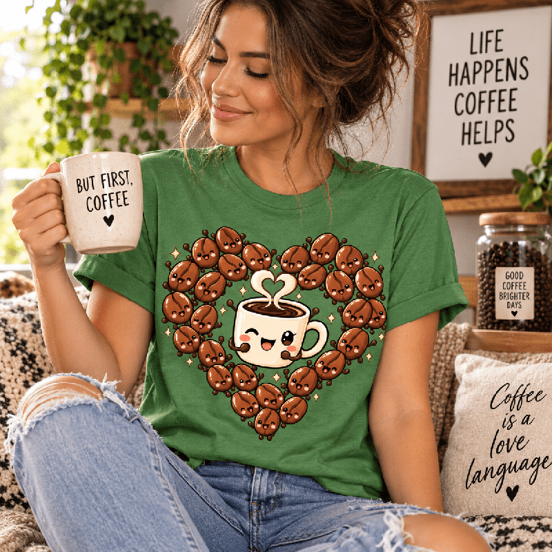 Woman holding a "But First, Coffee" mug, wearing the Coffee Beans Premium T-Shirt in leaf green
