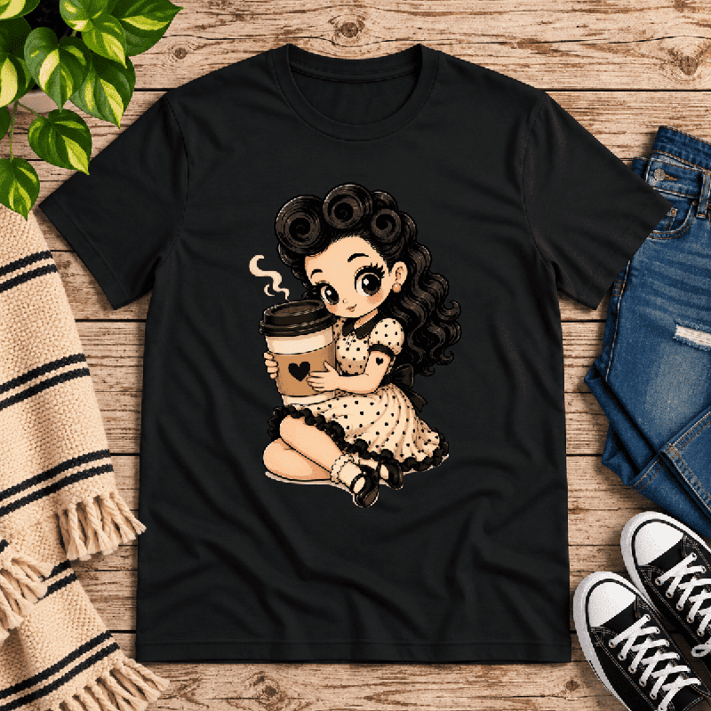 Coffee Clara Premium T-Shirt in vintage black, flat lay