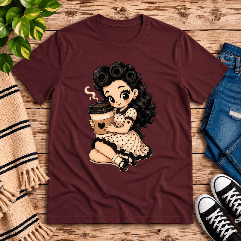 Coffee Clara Premium T-Shirt in maroon, flat lay with pin-up style girl holding a heart-mug coffee cup graphic