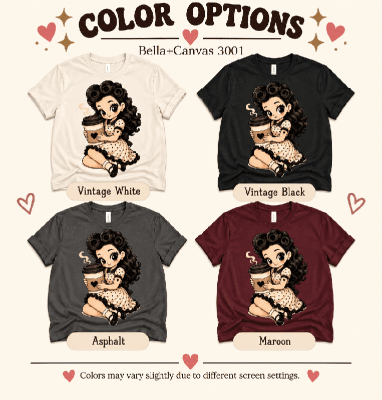 Coffee Clara Premium T-Shirt color chart: Asphalt, Maroon, Vintage Black, Vintage White