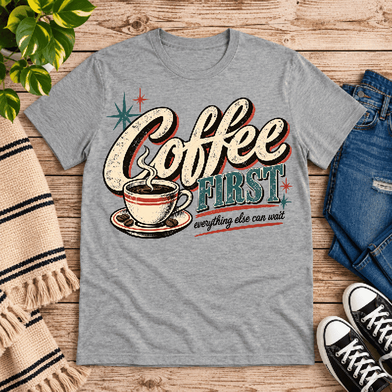 Coffee First Premium T-Shirt in athletic heather gray, flat lay