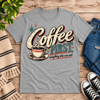 Coffee First Premium T-Shirt in athletic heather gray, flat lay