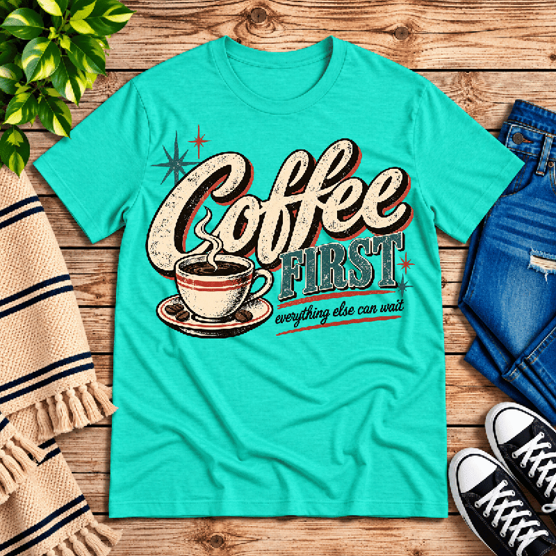 Coffee First Premium T-Shirt in heather sea green, flat lay