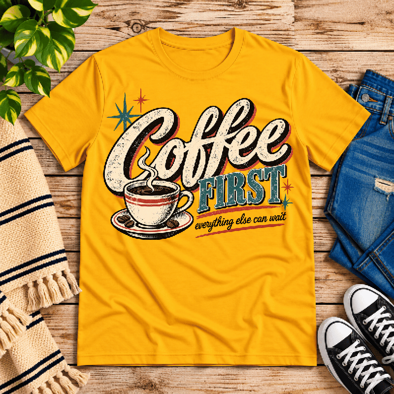 Coffee First Premium T-Shirt in gold, flat lay