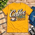 Coffee First Premium T-Shirt in gold, flat lay