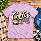 Coffee First Premium T-Shirt in lilac, flat lay
