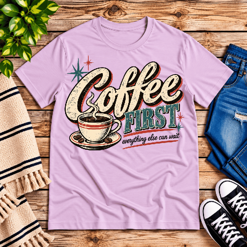 Coffee First Premium T-Shirt in lilac, flat lay