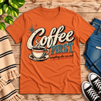 Coffee First Premium T-Shirt in burnt orange, flat lay