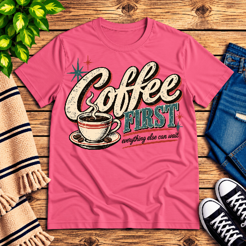 Coffee First Premium T-Shirt in charity pink, flat lay