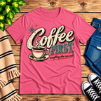 Coffee First Premium T-Shirt in charity pink, flat lay