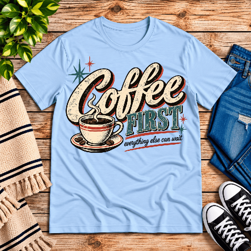 Coffee First Premium T-Shirt in baby blue, flat lay