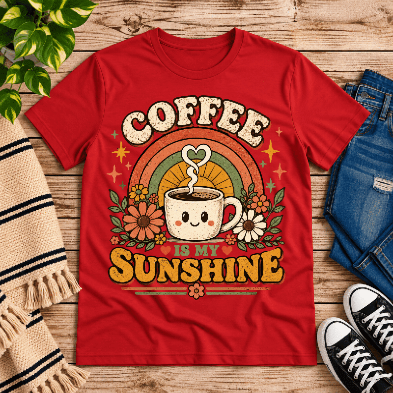 Coffee Is My Sunshine Premium T-Shirt in red, flat lay