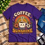 Coffee Is My Sunshine Premium T-Shirt in team purple, flat lay with smiling coffee cup, rainbow, and floral graphic