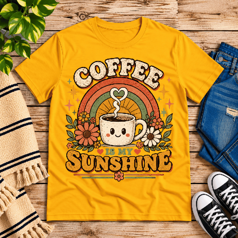Coffee Is My Sunshine Premium T-Shirt in gold, flat lay