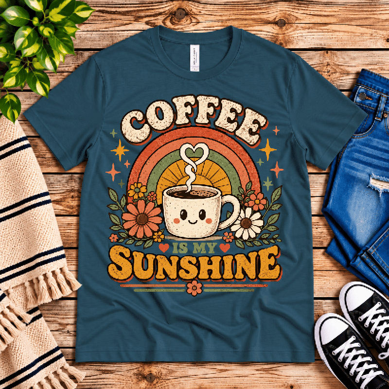 Coffee Is My Sunshine Premium T-Shirt in deep teal, flat lay