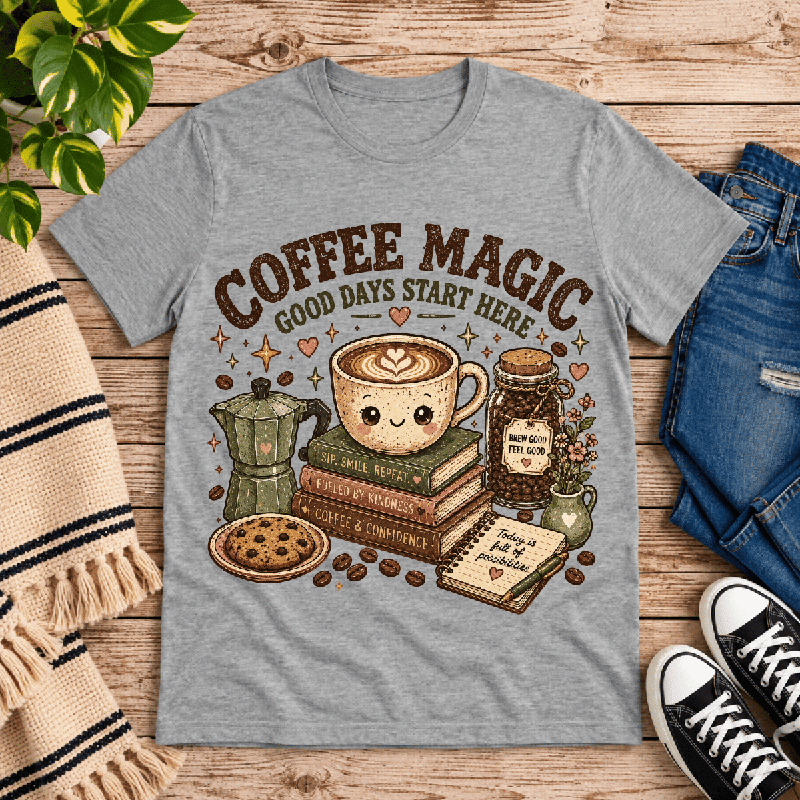 Coffee Magic Premium T-Shirt in athletic heather gray, flat lay