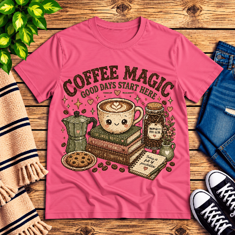 Coffee Magic Premium T-Shirt in charity pink, flat lay