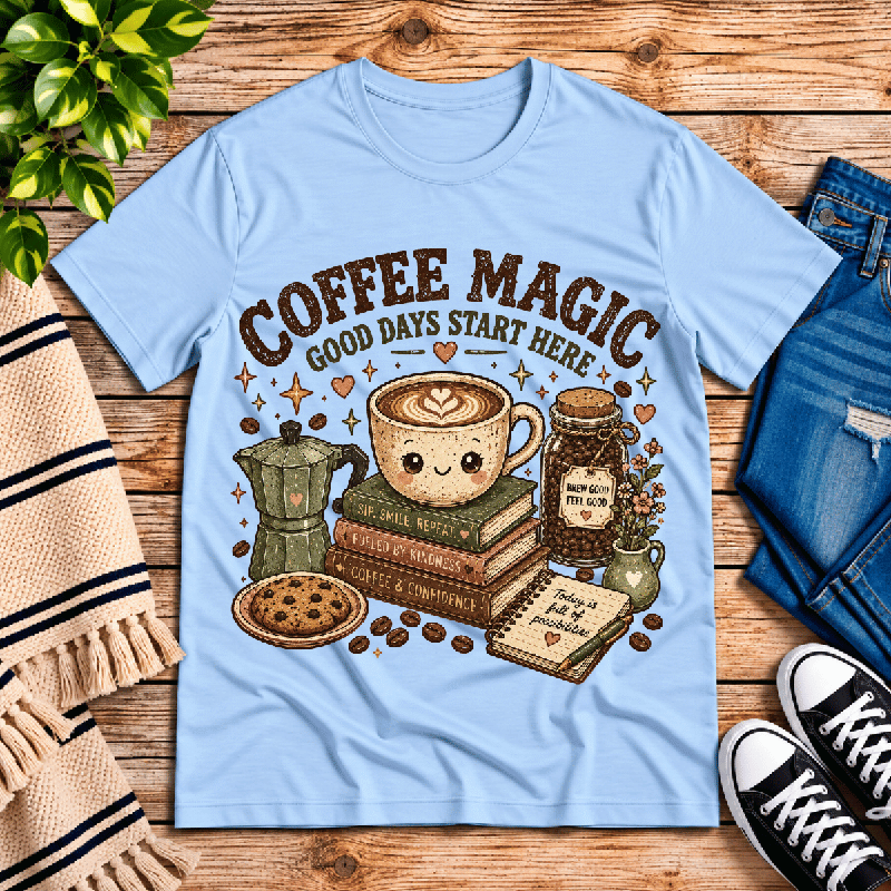 Coffee Magic Premium T-Shirt in baby blue, flat lay