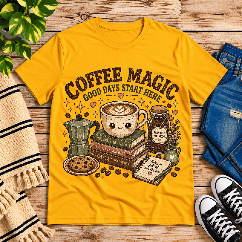 Coffee Magic Premium T-Shirt in gold, flat lay