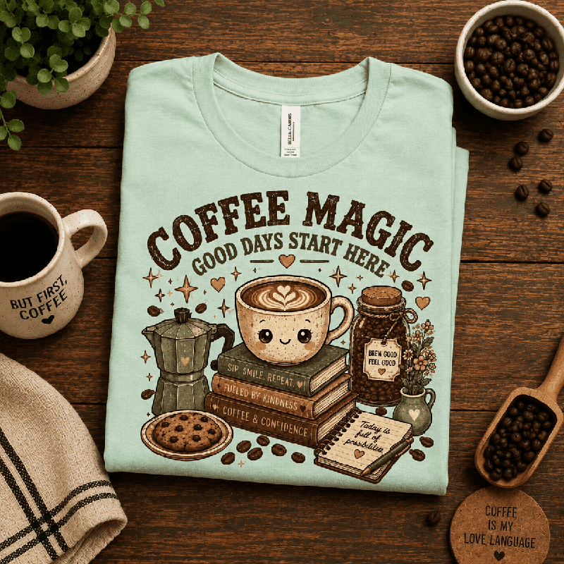Coffee Magic Premium T-Shirt in mint, folded close-up styled with coffee beans and a mug