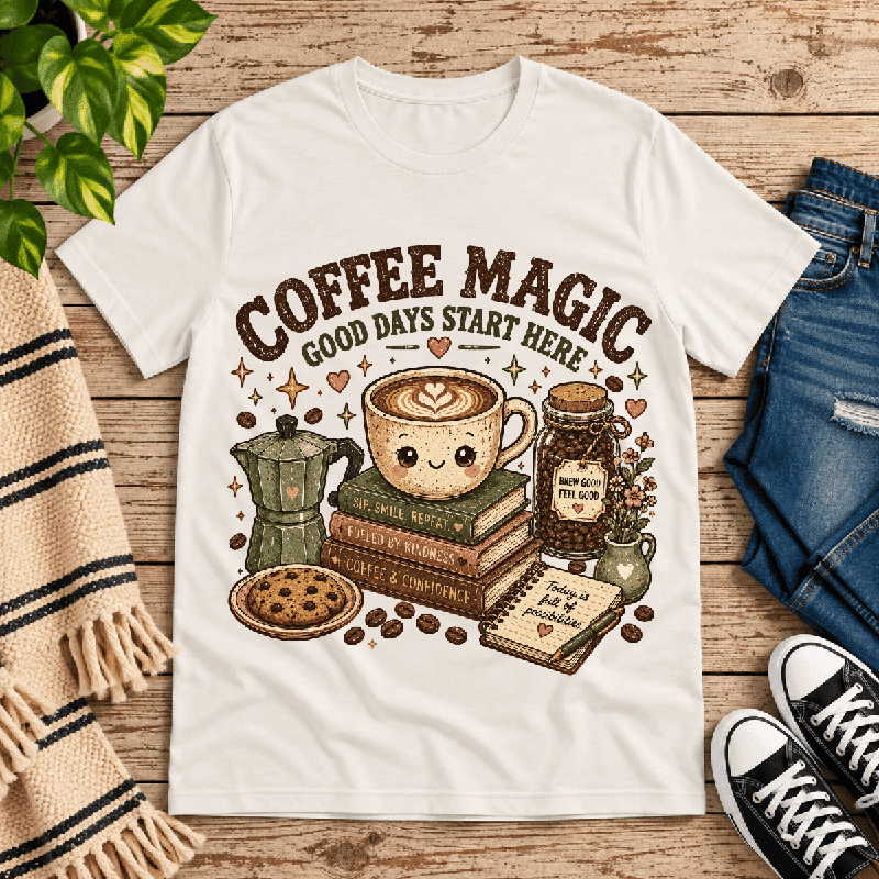 Coffee Magic Premium T-Shirt in vintage white, flat lay