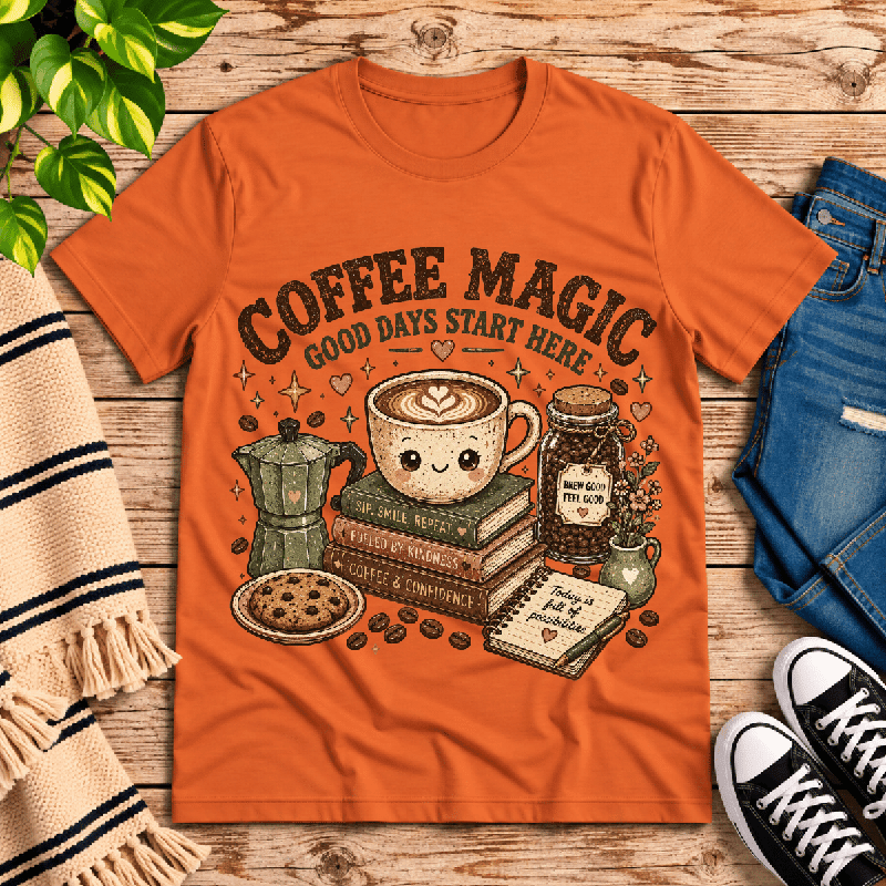 Coffee Magic Premium T-Shirt in burnt orange, flat lay