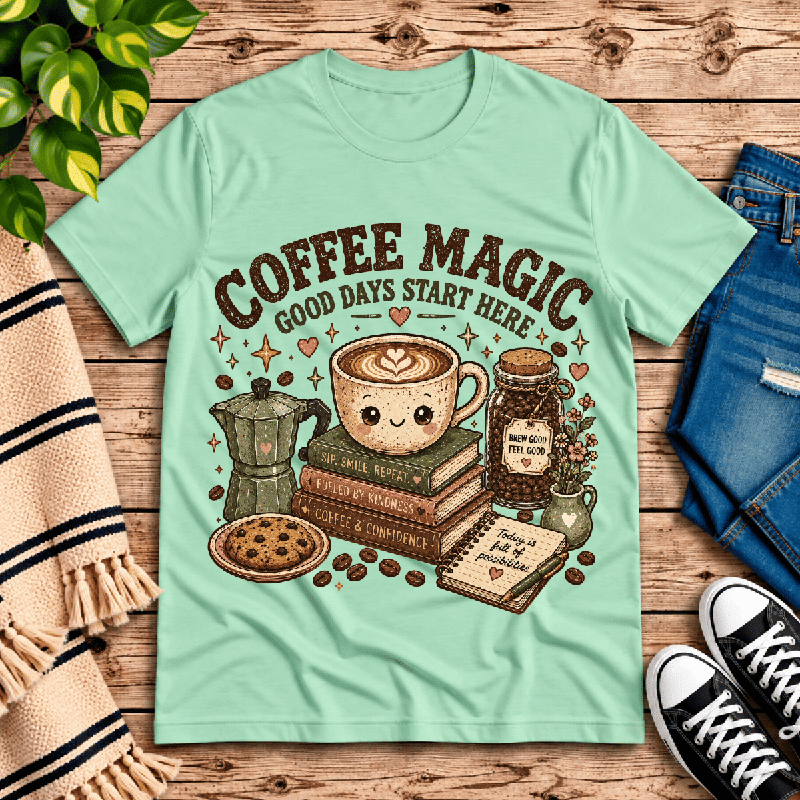 Coffee Magic Premium T-Shirt in mint, flat lay with latte cup, books, moka pot, and "Good Days Start Here" graphic