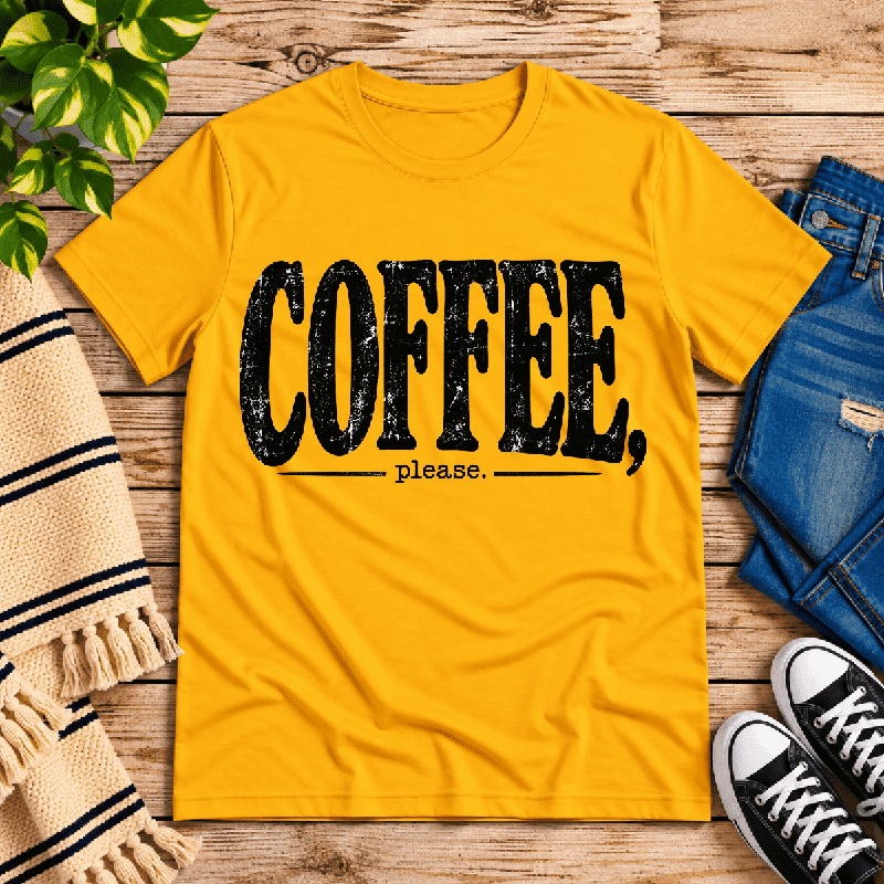 Coffee Please Premium T-Shirt in gold, flat lay
