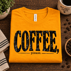 Coffee Please Premium T-Shirt in gold, folded close-up with neck tag showing