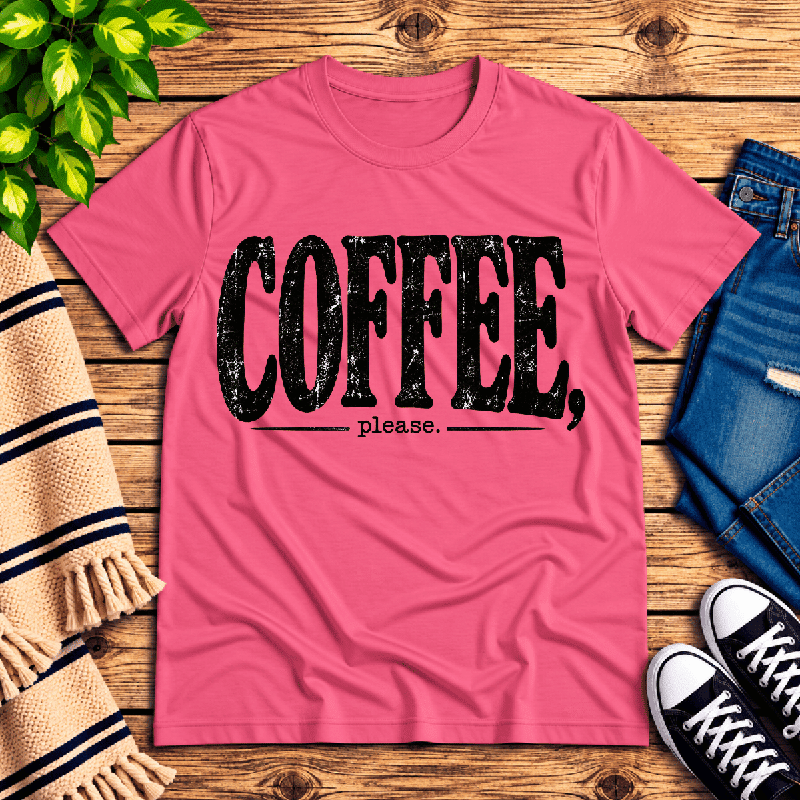 Coffee Please Premium T-Shirt in charity pink, flat lay with distressed "COFFEE, please." text graphic