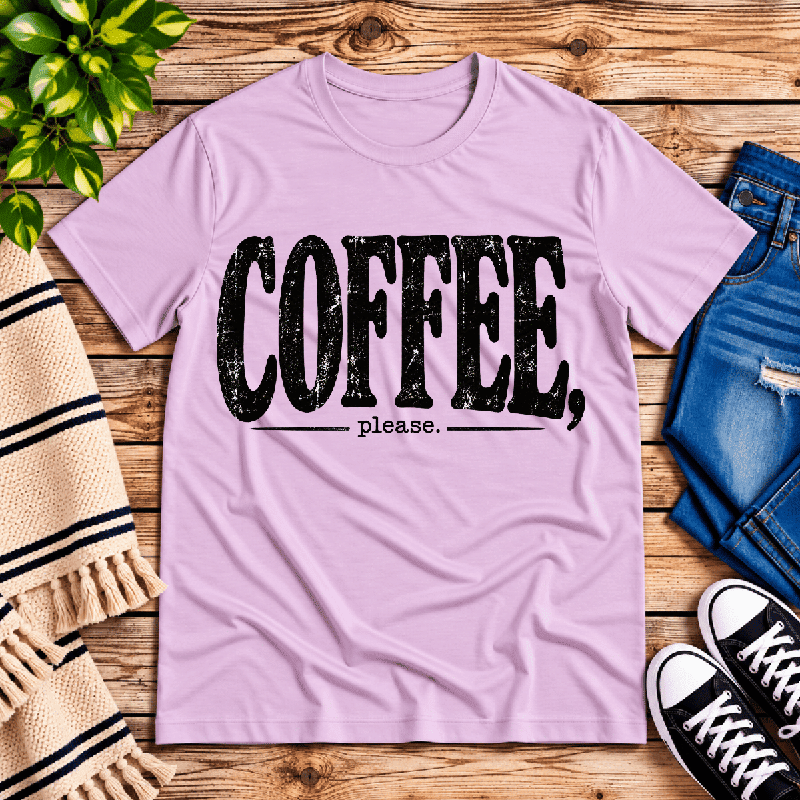 Coffee Please Premium T-Shirt in lilac, flat lay