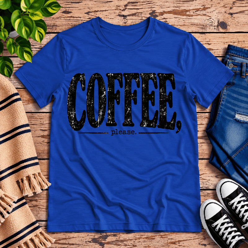 Coffee Please Premium T-Shirt in true royal blue, flat lay