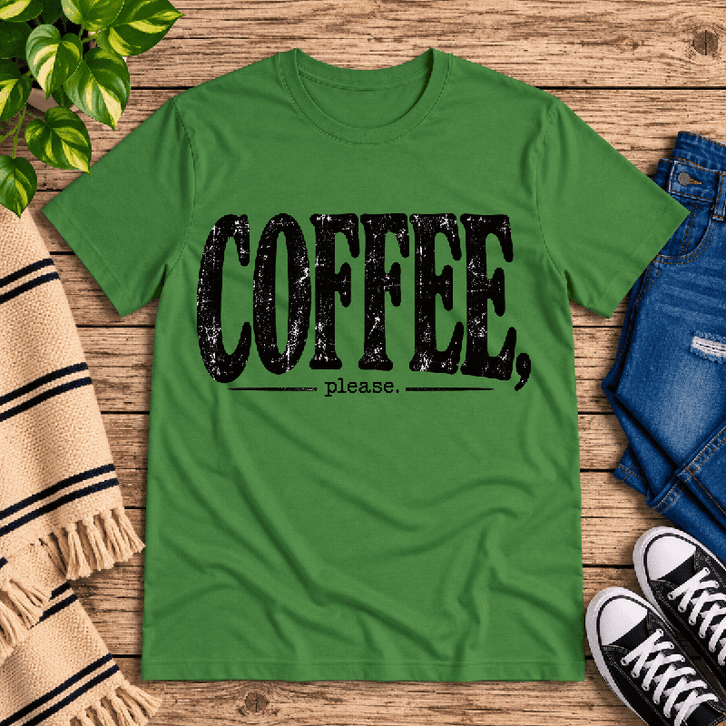 Coffee Please Premium T-Shirt in leaf green, flat lay