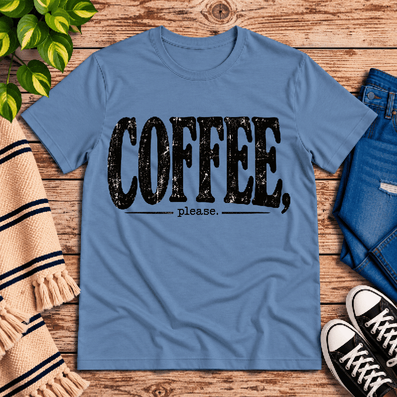 Coffee Please Premium T-Shirt in steel blue, flat lay