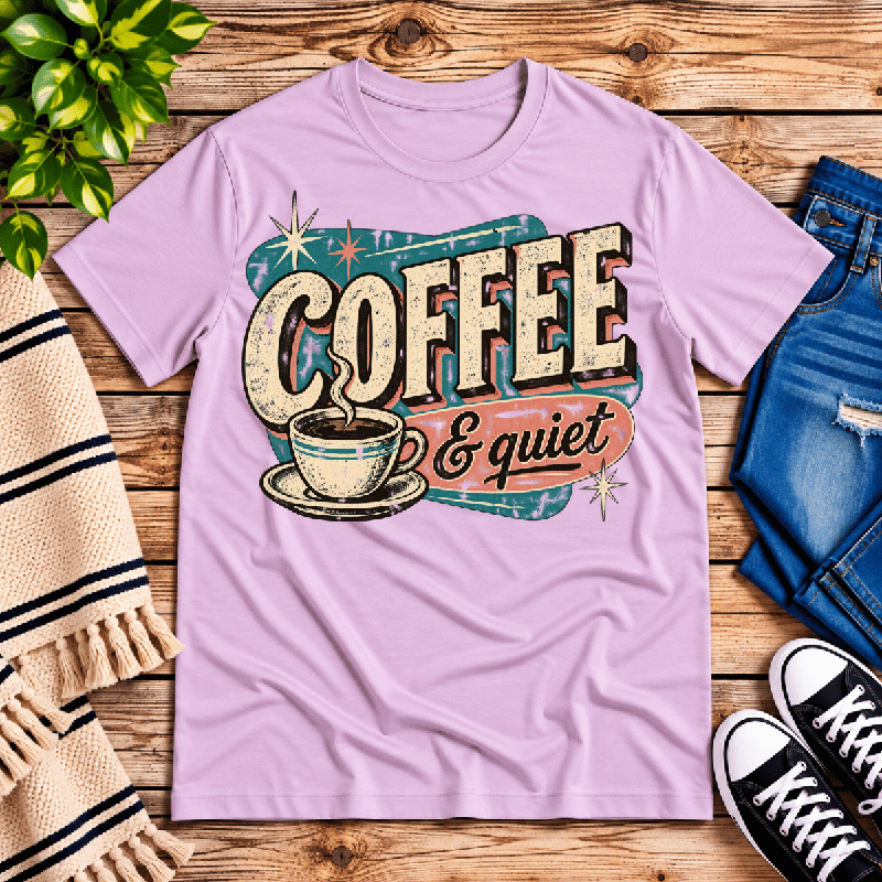 Coffee & Quiet Premium T-Shirt in lilac, flat lay