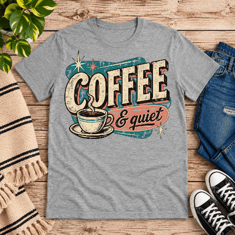Coffee & Quiet Premium T-Shirt in athletic heather gray, flat lay