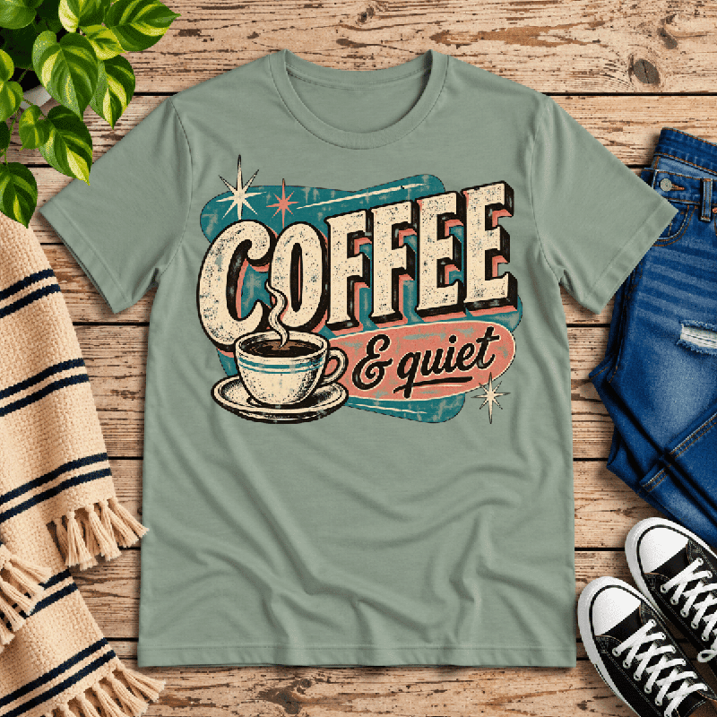 Coffee & Quiet Premium T-Shirt in sage green, flat lay