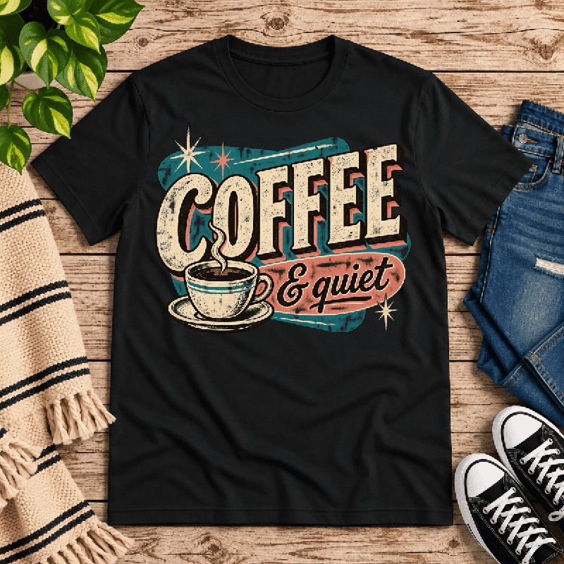 Coffee & Quiet Premium T-Shirt in vintage black, flat lay