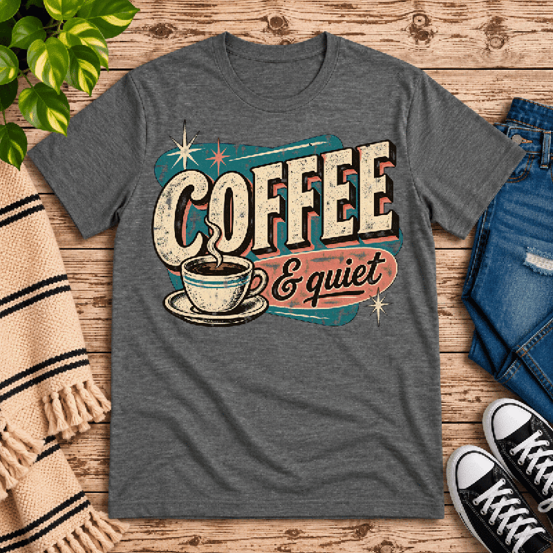 Coffee & Quiet Premium T-Shirt in deep heather gray, flat lay
