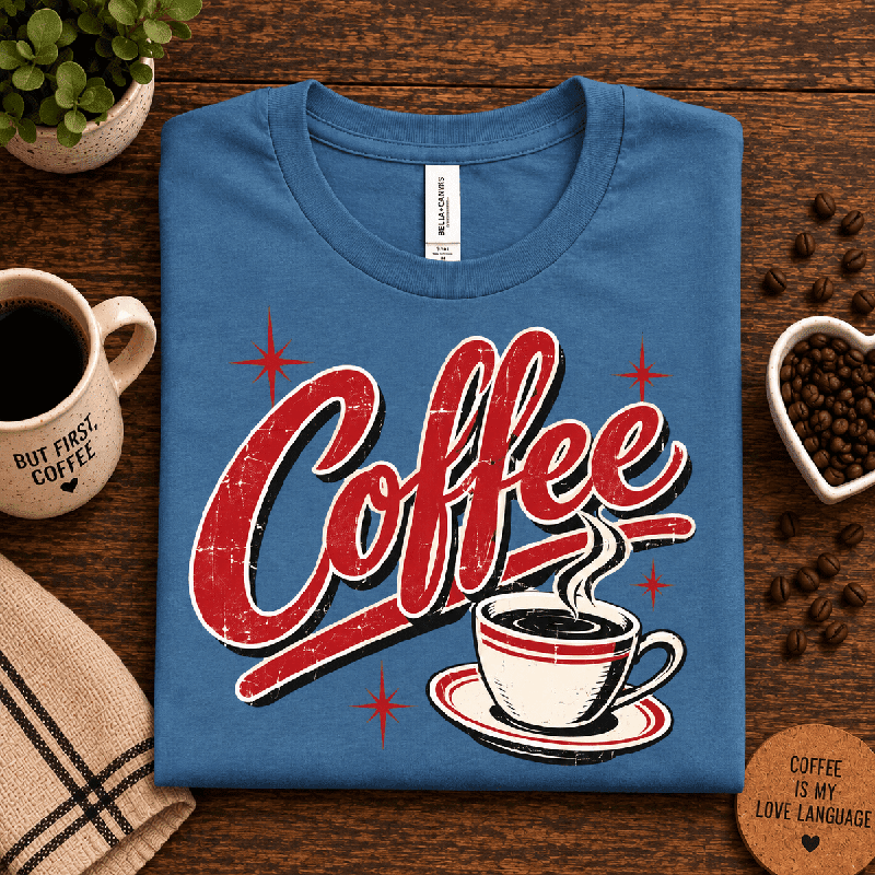 Coffee Premium T-Shirt in steel blue, folded close-up with neck tag showing