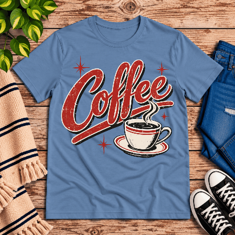 Coffee Premium T-Shirt in steel blue, flat lay with retro "Coffee" script and steaming cup graphic