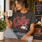 Woman holding a mug, wearing the Coffee Premium T-Shirt in deep heather gray