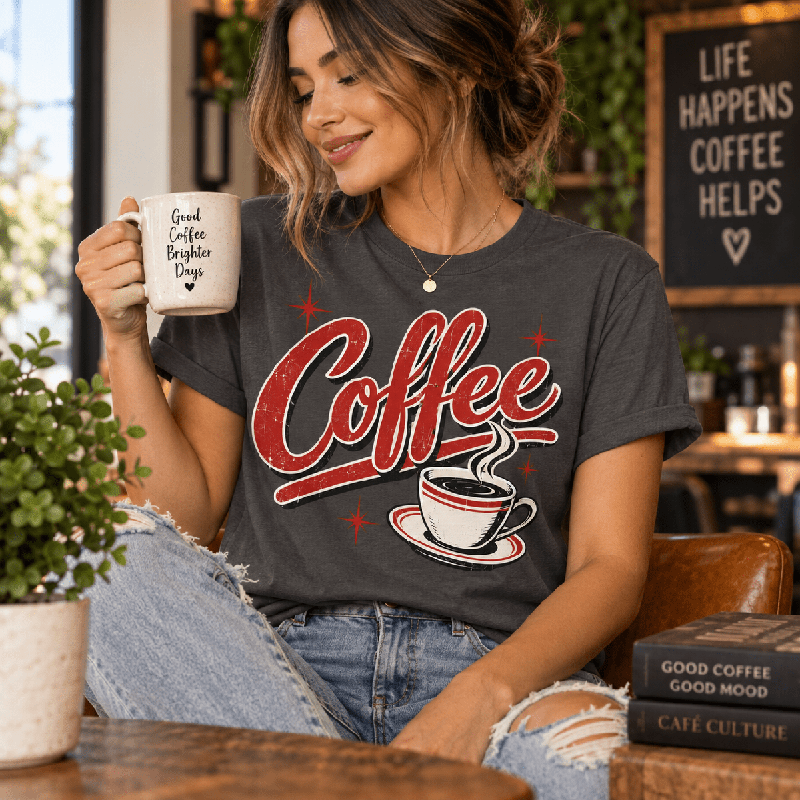 Woman holding a mug, wearing the Coffee Premium T-Shirt in deep heather gray