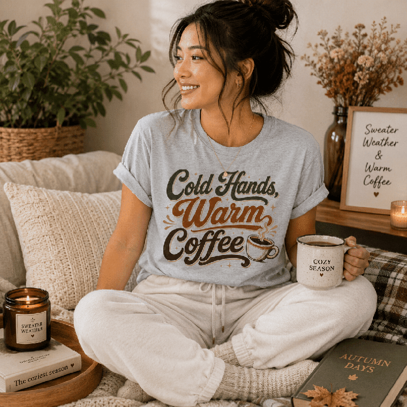 Woman sitting on a couch holding a mug, wearing the Cold Hands, Warm Coffee Premium T-Shirt in athletic heather gray
