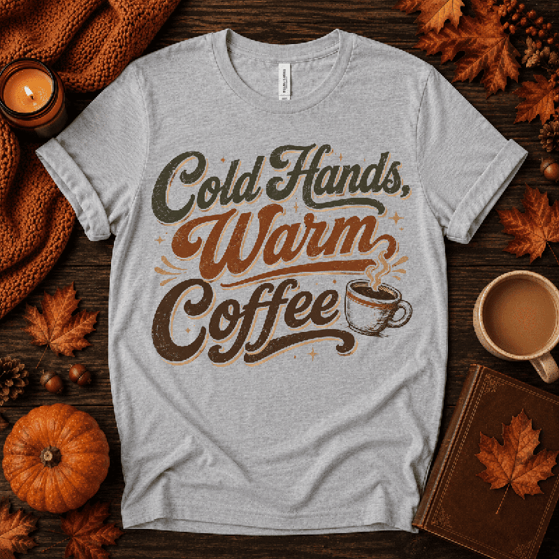 Cold Hands, Warm Coffee Premium T-Shirt in athletic heather gray, flat lay with autumn props
