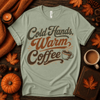 Cold Hands, Warm Coffee Premium T-Shirt in sage green, flat lay with autumn props