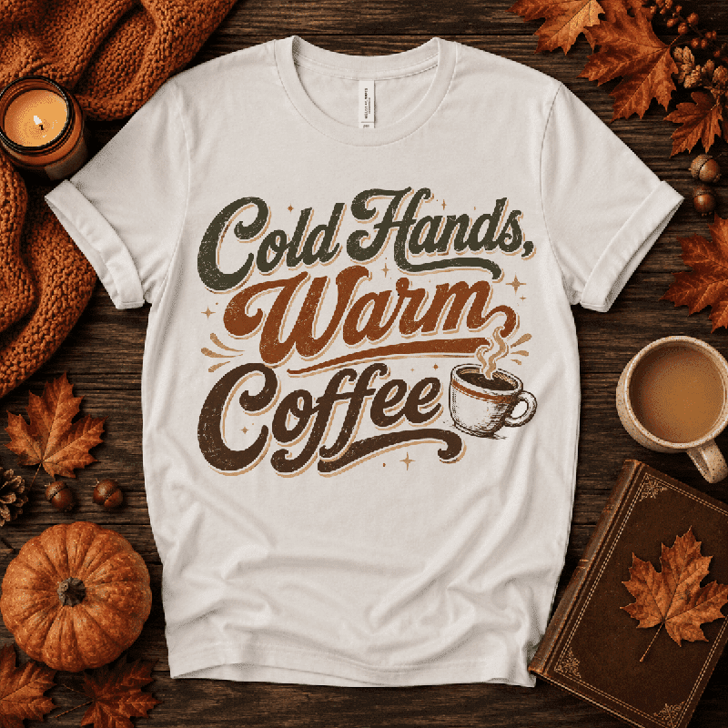 Cold Hands, Warm Coffee Premium T-Shirt in vintage white, flat lay with autumn props